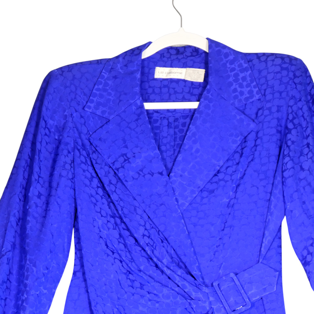 Vintage Liz Claiborne Wrap Dress Womens 10P Petite Blue 100% Silk Shoulder Pads - Picture 3 of 13